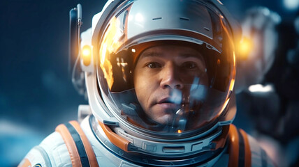 adult man is astronaut, wears an astronaut suit, astronaut helmet, in space, makes a discovery or sees something incredible, shocked or amazed