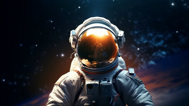 adult man is astronaut, wears an astronaut suit, astronaut helmet, in space