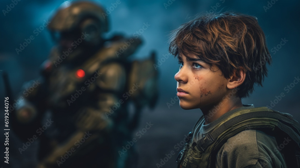 Wall mural teen kid child boy is soldier, soldier in uniform and machine gun, special forces, fictional