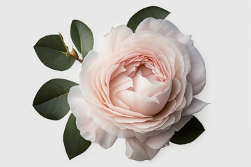 pink flower with green leaves on a white background. Generative AI