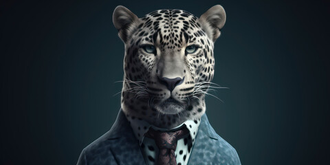Anthropomorphic business Leopard with elegant suit, color background, A dapper animal in a business suit. AI Generated