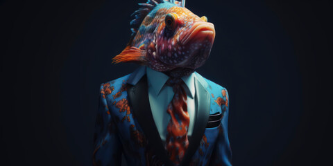 Anthropomorphic business Mandarin fish with elegant suit, color background, A dapper animal in a business suit. AI Generated