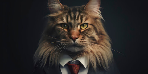 Anthropomorphic business Norwegian Forest cat with elegant suit, color background, A dapper animal in a business suit. AI Generated