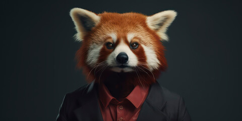 Obraz premium Anthropomorphic business Red Panda with elegant suit, color background, A dapper animal in a business suit. AI Generated