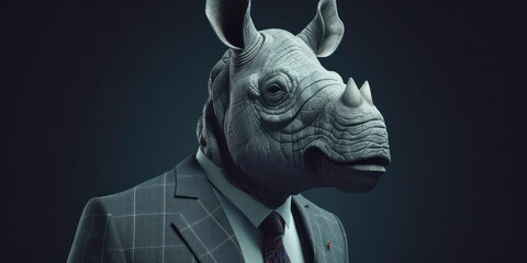 Anthropomorphic business Rhinoceros with elegant suit, color background, A dapper animal in a business suit. AI Generated