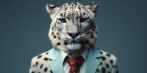 Anthropomorphic business snow leopard with elegant suit, color background, A dapper animal in a business suit. AI Generated