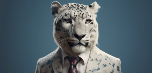 Anthropomorphic business snow leopard with elegant suit, color background, A dapper animal in a business suit. AI Generated
