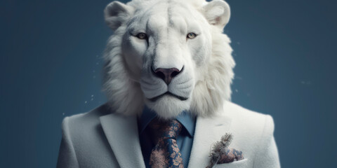 Anthropomorphic business snow lion with elegant suit, color background, A dapper animal in a business suit. AI Generated