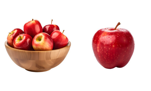 Apples and wooden bowl isolated on white transparent png