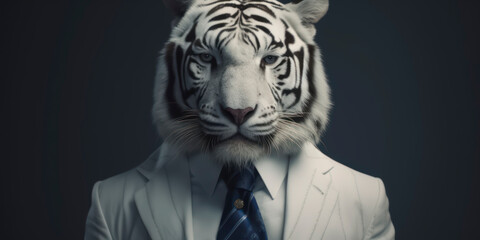 Anthropomorphic business White Bengal tiger with elegant suit, color background, A dapper animal in a business suit. AI Generated