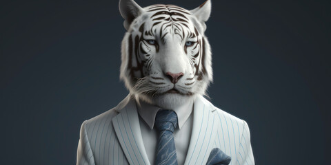 Anthropomorphic business White Bengal tiger with elegant suit, color background, A dapper animal in a business suit. AI Generated