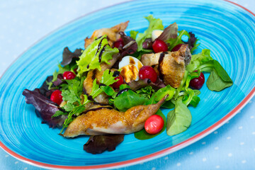 Healthy salad with quails meat and eggs, fresh greens and cranberries seasoned with honey-ginger...