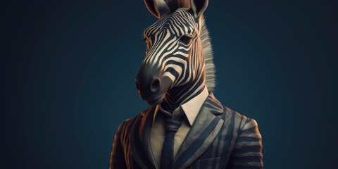 Fototapeta premium Anthropomorphic business Zebra with elegant suit, color background, A dapper animal in a business suit. AI Generated