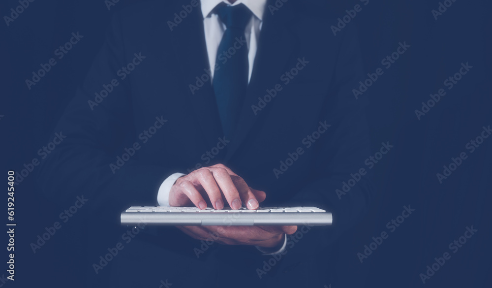 Poster businessman typing on keyboard in concept of data analysis and communication technology, document da