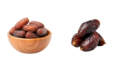 Dates and wooden bowl isolated on white transparent png