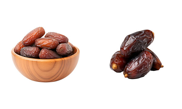 Dates and wooden bowl isolated on white transparent png