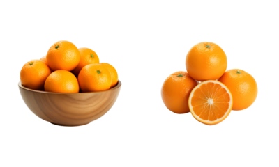 Oranges and wooden bowl isolated on white transparent png