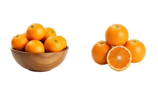 Oranges and wooden bowl isolated on white transparent png