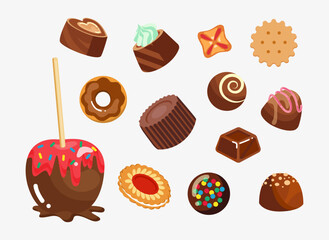 vector chocolate, set, set of sweets, caramel apple with chocolate, small chocolate candies