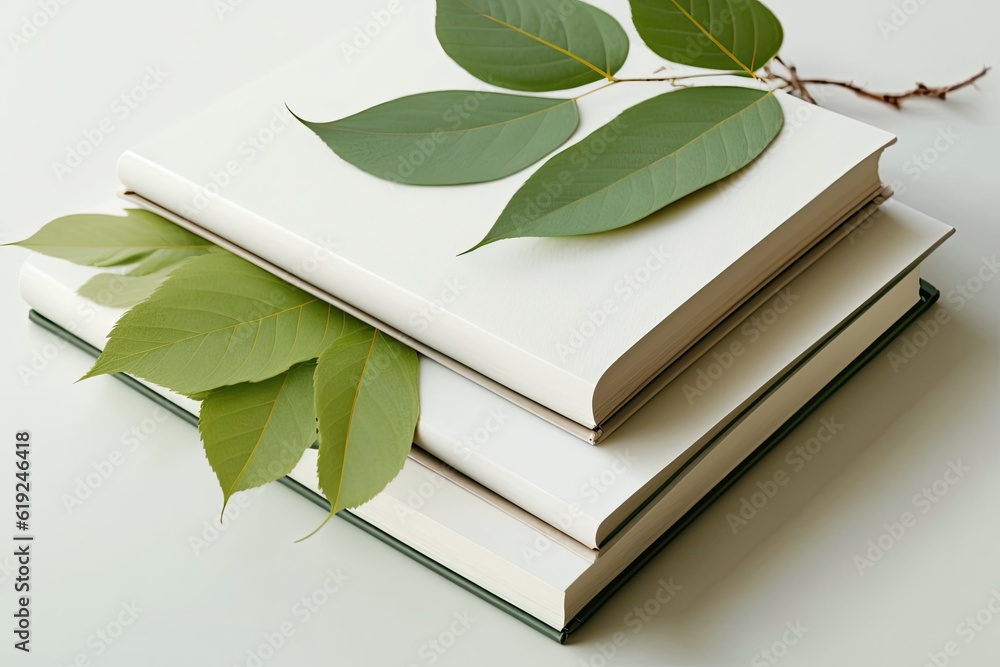 Poster stack of books with leaves on top. generative ai