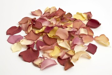 colorful pile of flower petals on a white background. Generative AI