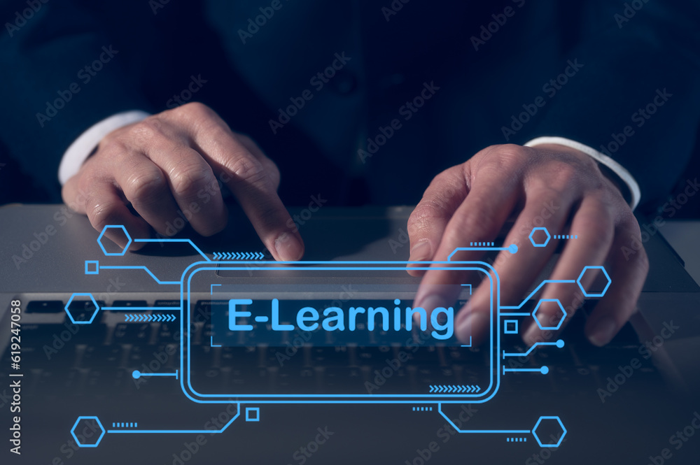 Poster e learning concept, businessman typing on computer keyboard with e learning icon