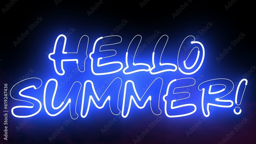 Poster hello summer text font with neon light. luminous and shimmering haze inside the letters of the text 