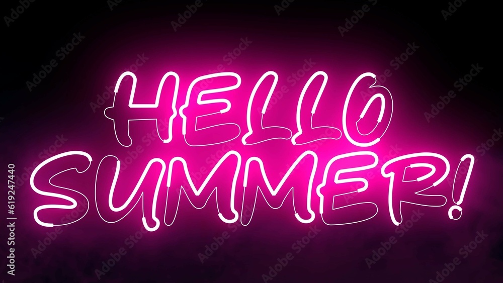Poster hello summer text font with neon light. luminous and shimmering haze inside the letters of the text 