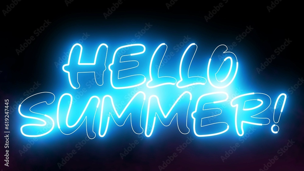 Poster hello summer text font with neon light. luminous and shimmering haze inside the letters of the text 