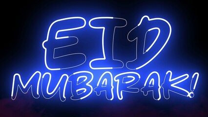 Eid Mubarak text electric blue lighting text on black background, 3D Rendering. Eid Mubarak Word Text. 