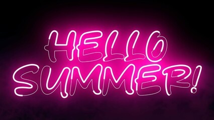 Hello Summer text font with neon light. Luminous and shimmering haze inside the letters of the text Hello Summer. Hello Summer neon sign. 