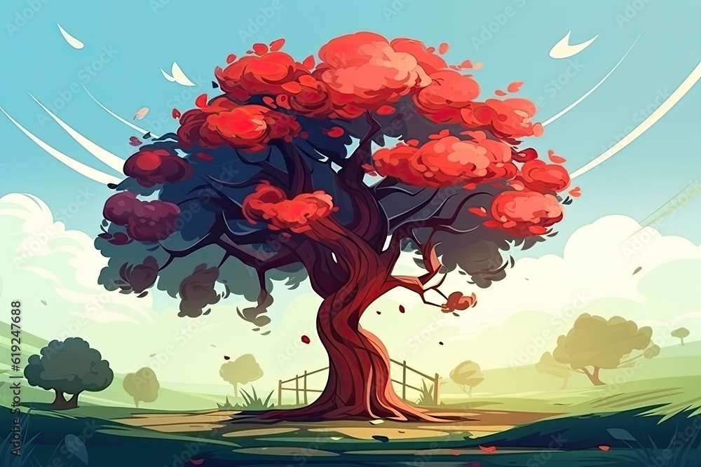 Poster solitary tree with vibrant red leaves in a vast open field. generative ai