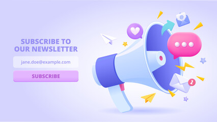 Subscribe email newsletter field and button. Loudspeaker, like button, share, speech bubble. 3d template for landing page. Three dimensional vector illustration for website, banner, print, application