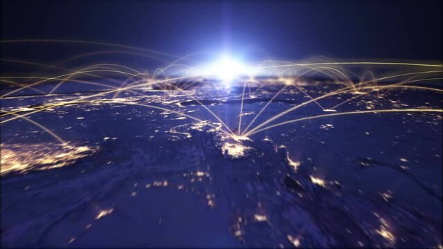 World network connection view from space satellite with lights connect between cities