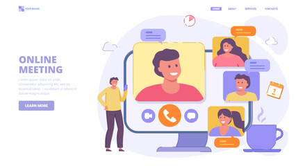 Online meeting, video conference, online chat, video call. Vector design concept with characters for landing page. Flat vector illustration for website, banner, print.