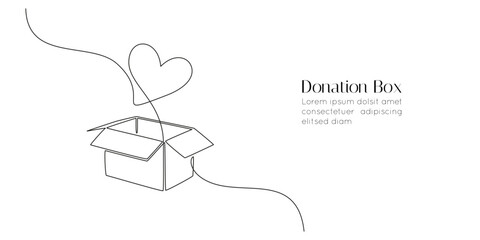 One continuous line drawing of donate box with heart. Minimalist concept of help support and volunteer activity web banner in simple linear style. Editable stroke. Doodle vector illustration