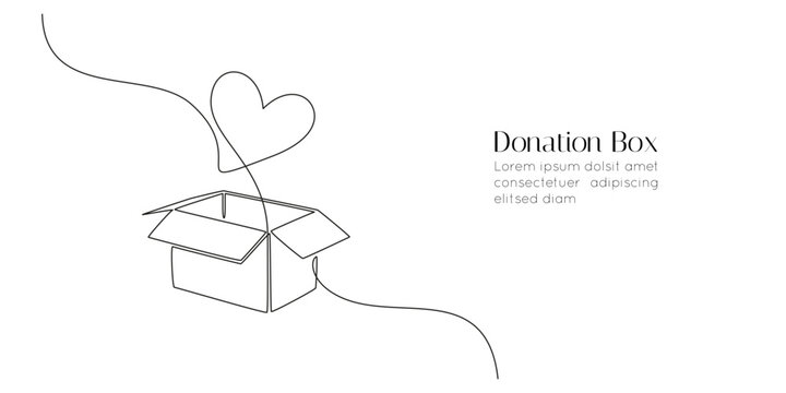 One continuous line drawing of donate box with heart. Minimalist concept of help support and volunteer activity web banner in simple linear style. Editable stroke. Doodle vector illustration