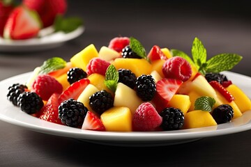 fresh and colorful fruit salad served on a white plate. Generative AI