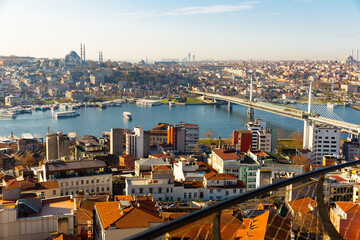 View from Galata Tower of Golden Horn bay with cable-stayed metro bridge connecting Beyoglu and...