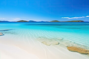 serene beach scene with crystal clear water and majestic mountains in the background. Generative AI