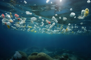 Fototapeta na wymiar Plastic garbage pollution under water.