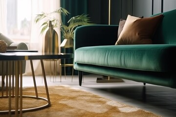 Cozy Living Room with a Green Velvet Sofa as the Centerpiece. Generative AI