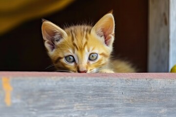 curious kitten peeking over a ledge with bright blue eyes
