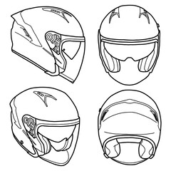 Template vector half face helmet line art, suitable for your custom half face helmet, outline vector doodle illustration,  front, back, and side view, isolated with white background. editable.