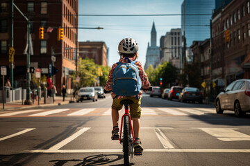 Obraz premium Illustration of a kid on a bicycle in the city, Generative AI. 