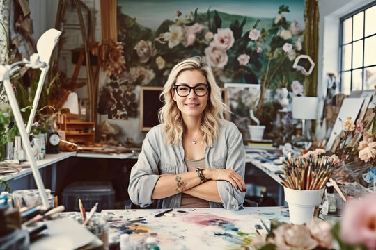 Photo of a female artist working in her painting studio