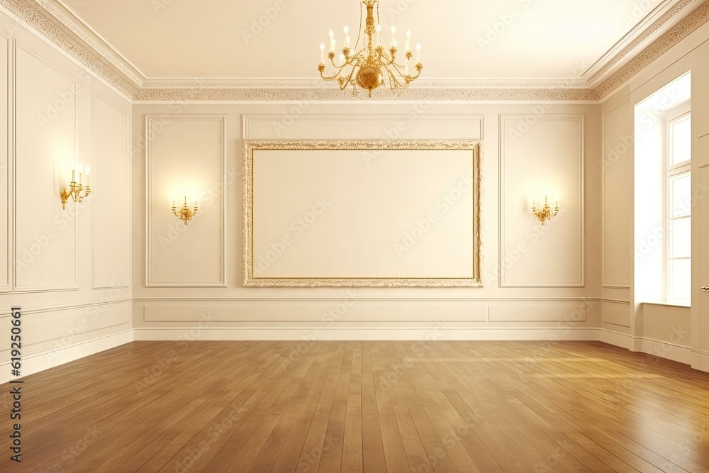 Canvas Prints n Empty Room with a Grand Chandelier and a Large Picture Frame. Generative AI