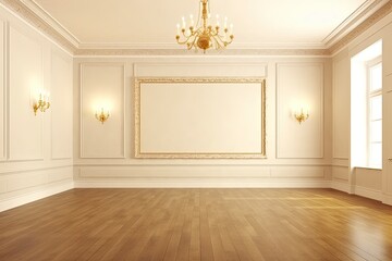 n Empty Room with a Grand Chandelier and a Large Picture Frame. Generative AI