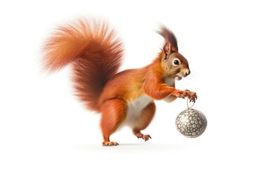 cute squirrel holding a shiny silver ball in its paws