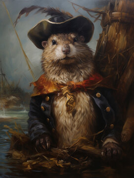 An Oil Painting Portrait of a Beaver Dressed Up as a Pirate | Generative AI